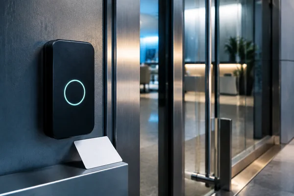 Illustration of a contactless access-control reader and office entrance