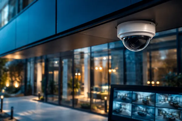 Illustration of a modern security camera at a commercial building