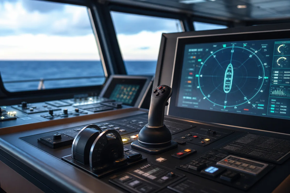 Illustration of a vessel positioning console and thruster controls