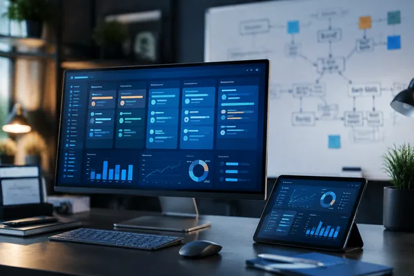 Illustration of business dashboards and connected workflows