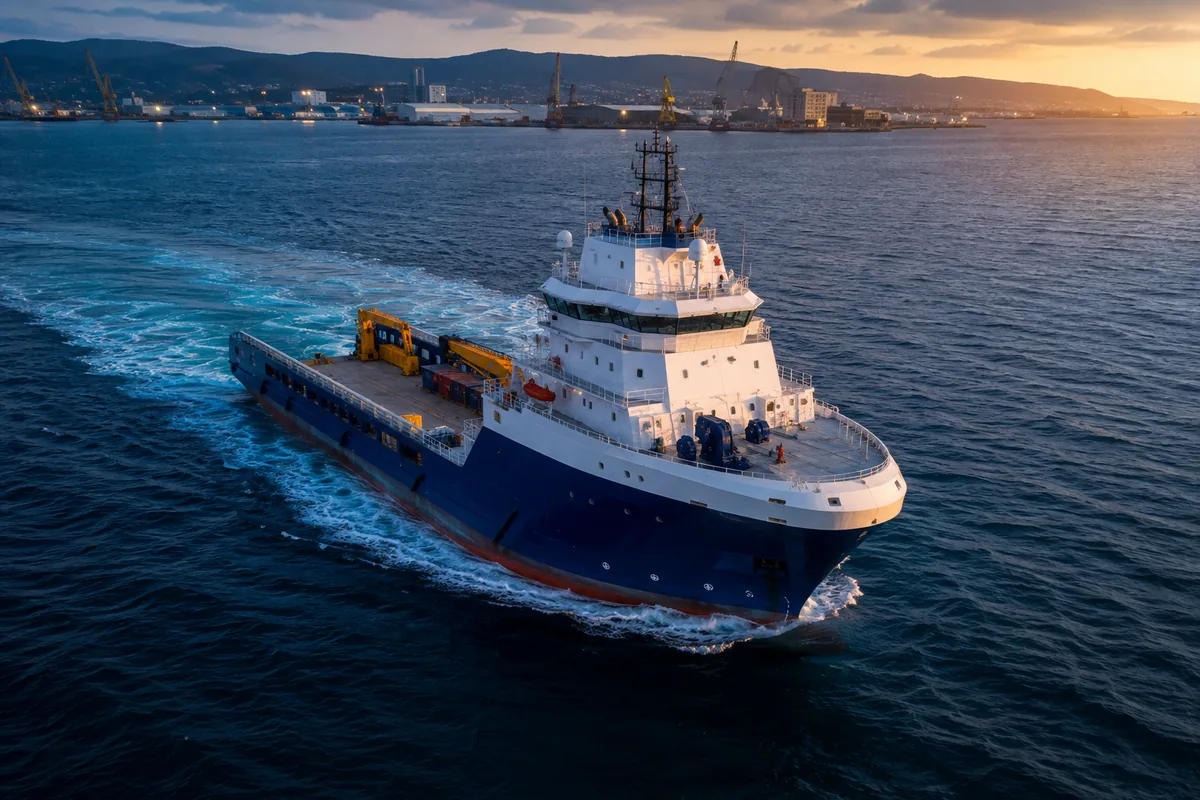 Illustration of an offshore support vessel at sunset