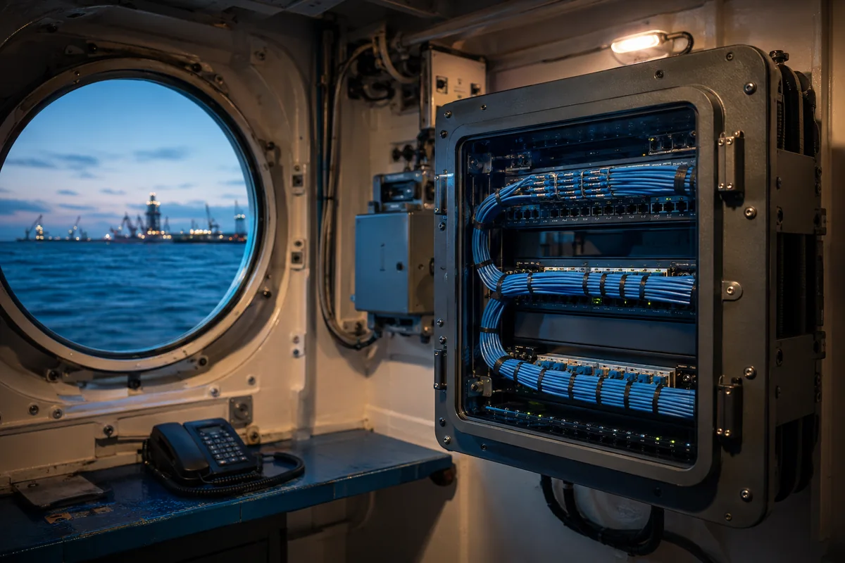 Illustration of network infrastructure in a vessel communications room