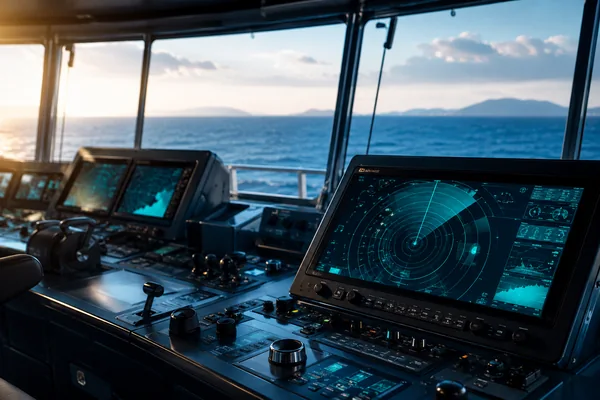 Illustration of radar consoles on a modern ship navigation bridge