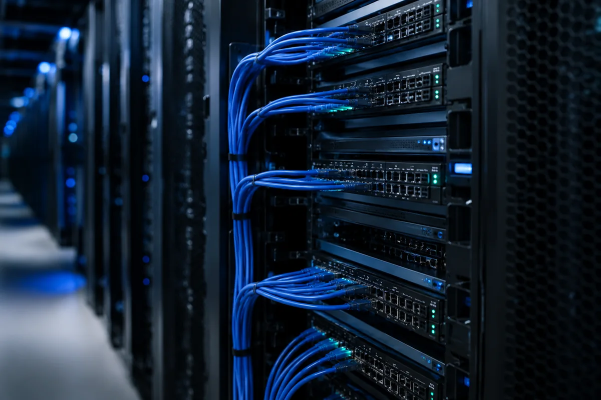 Illustration of server racks with blue data cables